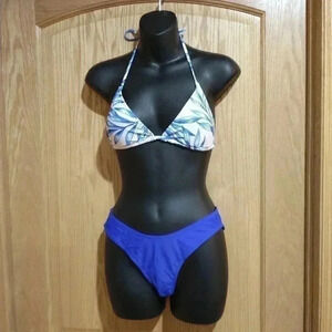 Blue white 3 piece swim set bikini cover up size Small romper style cover NWOT